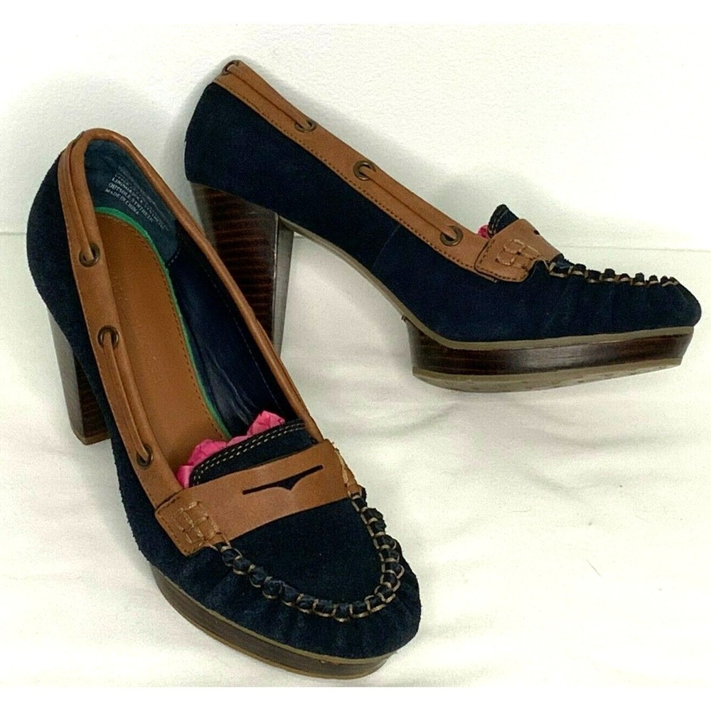 Tommy Hilfiger Heels Suede Leather Blue Tan Size 7.5